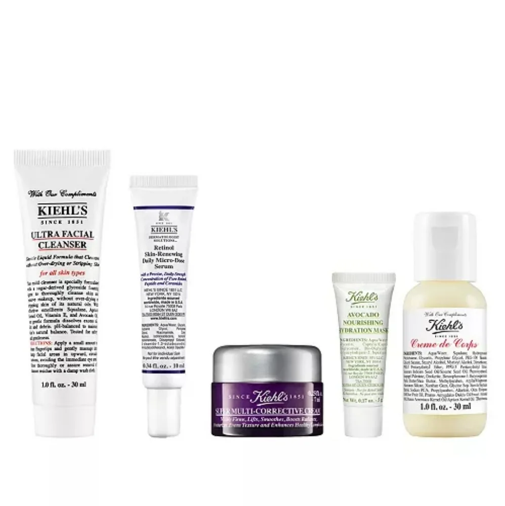 New Kiehl's 5 Piece Travel Gift Cleanser Cream Hand Mask Travel Sealed Set